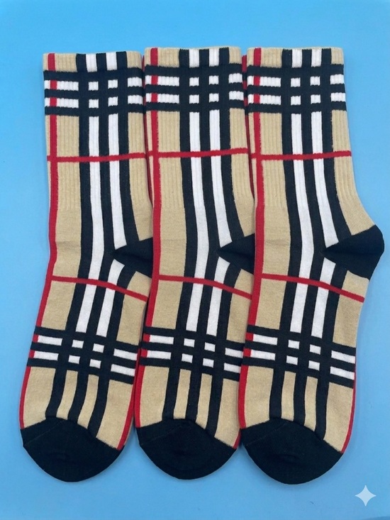 Burberry Other - 3 Pack Burberry Tan Plaid Crew Socks with Black, White & Red Trim